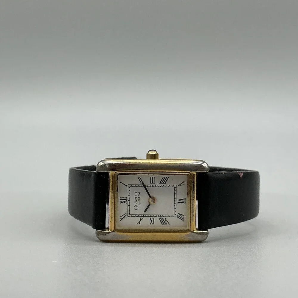 Caravelle By Bulova Womens Watch 20mm Tank White Dial Black Leather New Battery
